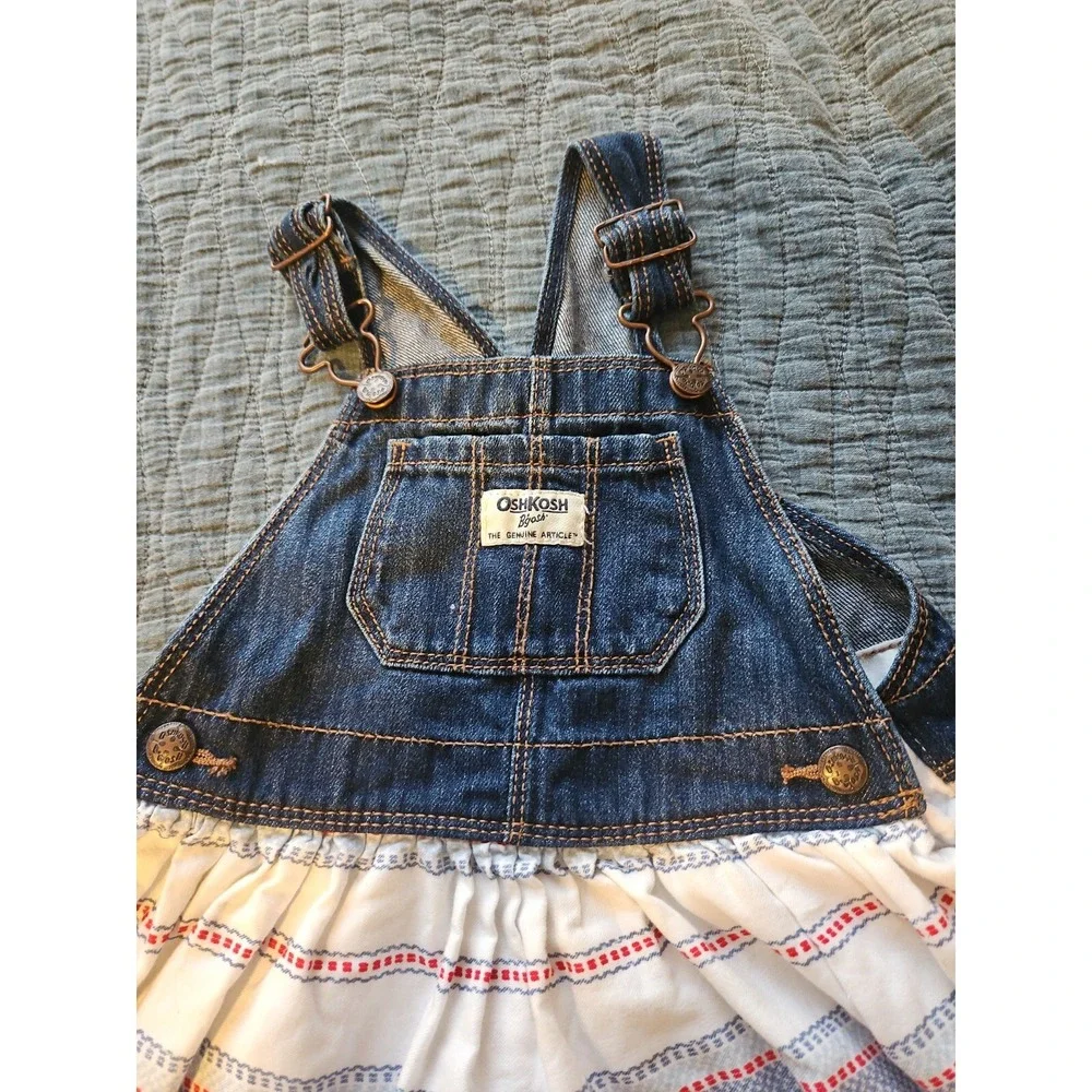OshKosh B'gosh Kids Denim Overalls Dress Striped Skirt White Red Blue 18-24month